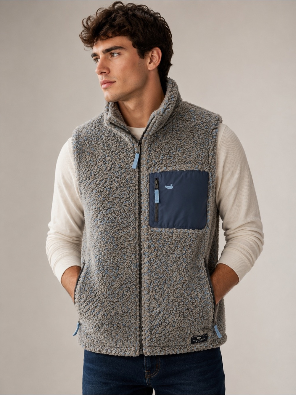 Southern Marsh Gray Sherpa Vest with Navy Chest Pocket